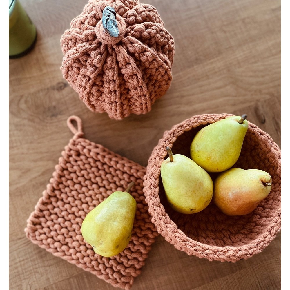 Pumpkin, Basket and Potholder Set in Terracotta Color Handmade